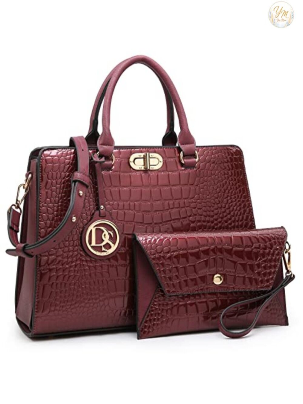 Vegan Leather Satchel Tote with Gold Twist Lock and Matching Clutch